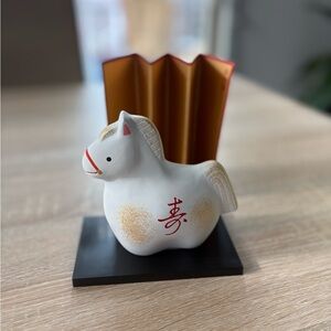 Japanese Zodiac ETO 2026 New Year of HORSE White Clay Figurine Screen Stand Set